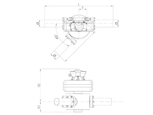 Maatschets silowisselklep met maten L, F, D, H1 en H2