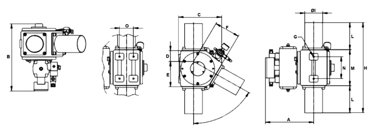 Maatschets pneumatische wisselklep met maten A, B, C, H, L, M en ØI