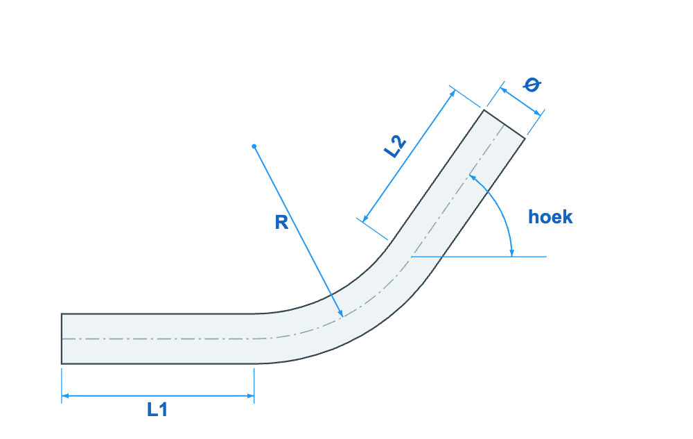 Maattekening bocht met radius R, hoek, beenlengtes L1 en L2 en diameter