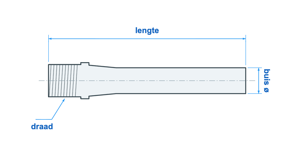 Maattekening schroefmof met lengte, draad en buisdiameter