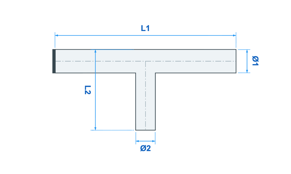 Maattekening gesloten T-stuk met L1, L2, ø1 en ø2