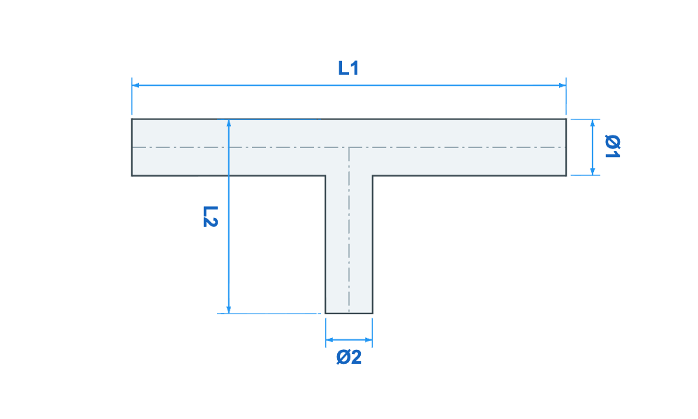 Dimension drawing of T-piece with L1, L2, ø1 and ø2