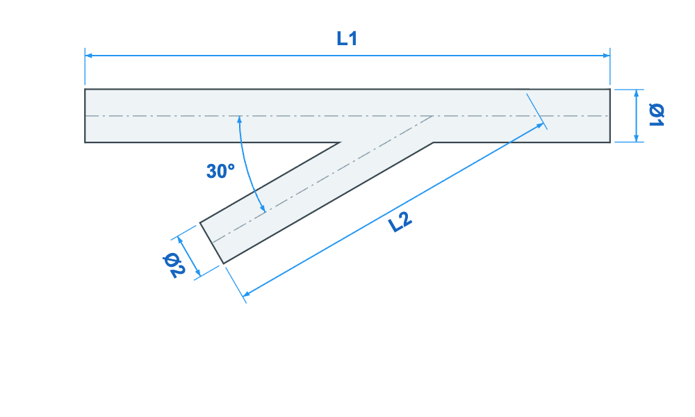 Dimension drawing of Y-piece 30° with L1, L2, ø1 and ø2