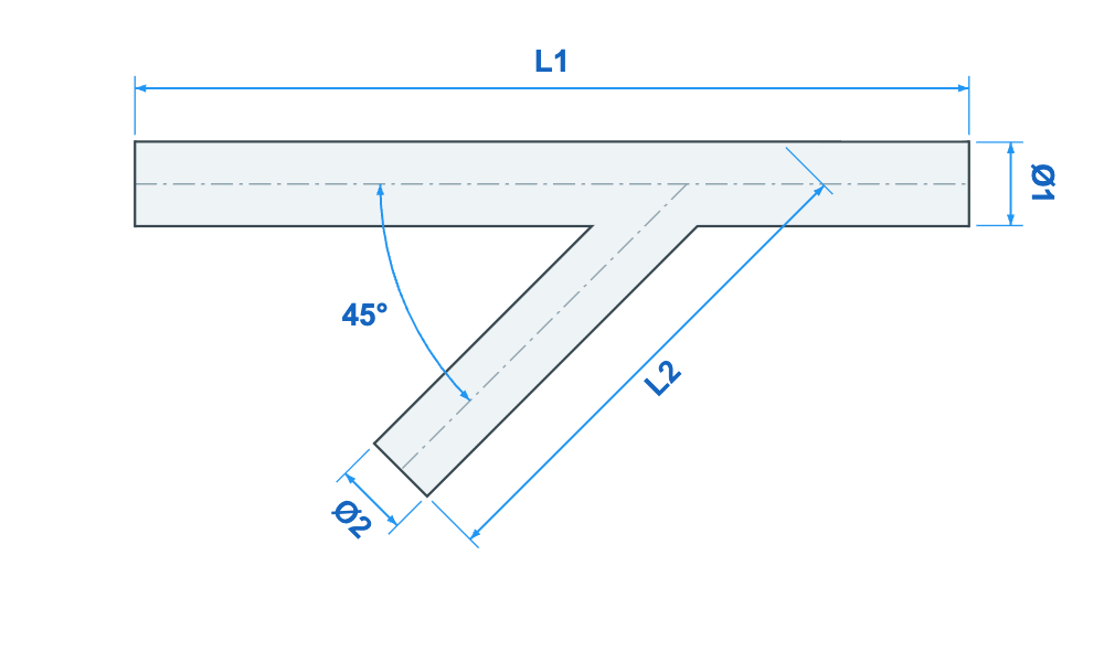Maattekening Y-stuk 45° met L1, L2, Ø1 en Ø2