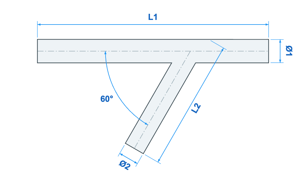Dimension drawing of Y-piece 60° with L1, L2, ø1 and ø2
