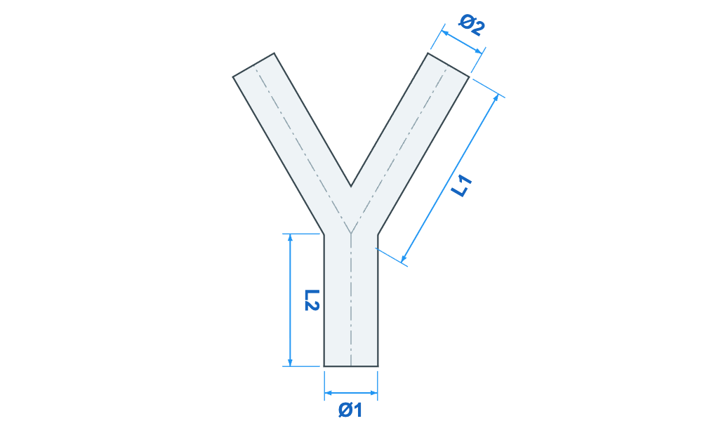 Maattekening Y-stuk recht met L1, L2, ø1 en ø2