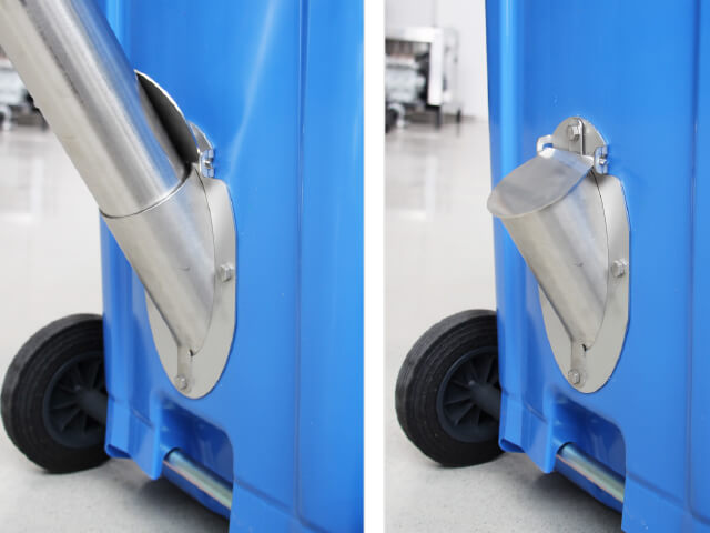 Geleidingsbuis met deksel, open en dicht RVS geleidingsbuis op een kunststof container, met zuigbuis en met gesloten deksel