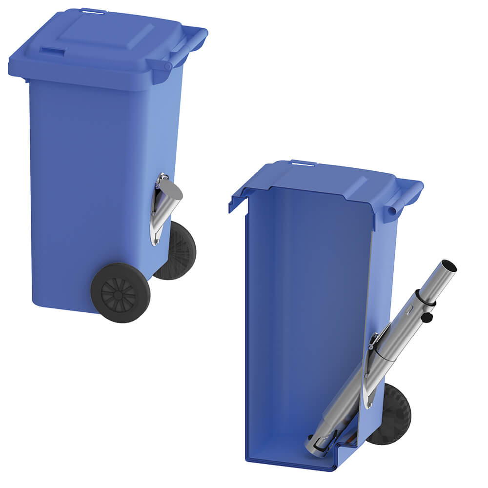 Kunststof rolcontainer met geleidingsbuis Blauwe kunststof rolcontainer met RVS geleidingsbuis voor de zuigbuis